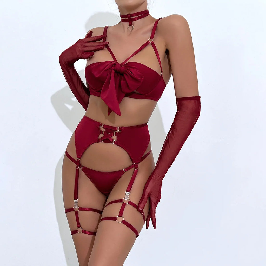 Women Sexy Lingerie Set 3PC Big Bow Tie Hollow Bra T-back Bikini Leg Ring Set Nightdress Underwear Temptation Sleepwear  1370