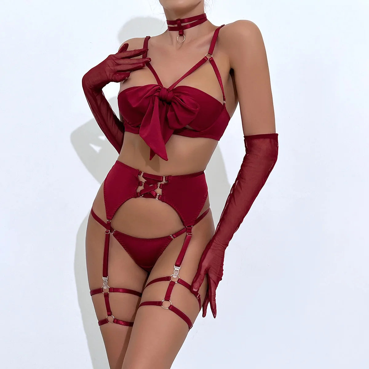 Women Sexy Lingerie Set 3PC Big Bow Tie Hollow Bra T-back Bikini Leg Ring Set Nightdress Underwear Temptation Sleepwear  1370