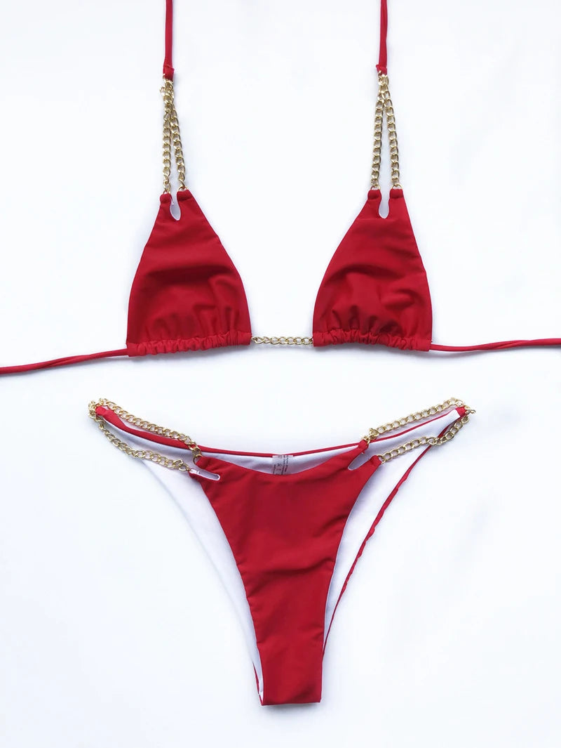Sexy Mini Bikini Tie Dye Swimwear Women Metal Chain Patchwork Bathing suit Triangle Bikinis 2023 New Swimsuit Brazilian biquinis