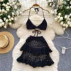 Solid Color Floral Knit Beach Bikini Women Summer Swimwear Bikini Set