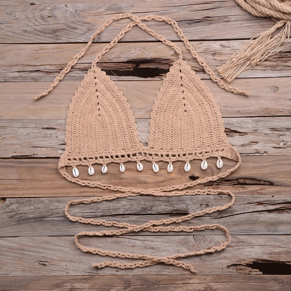 Beach Vacation Hollow Pure Hand-Woven Shell Bikini Swimsuit Tops Women Texture Knit Bikini