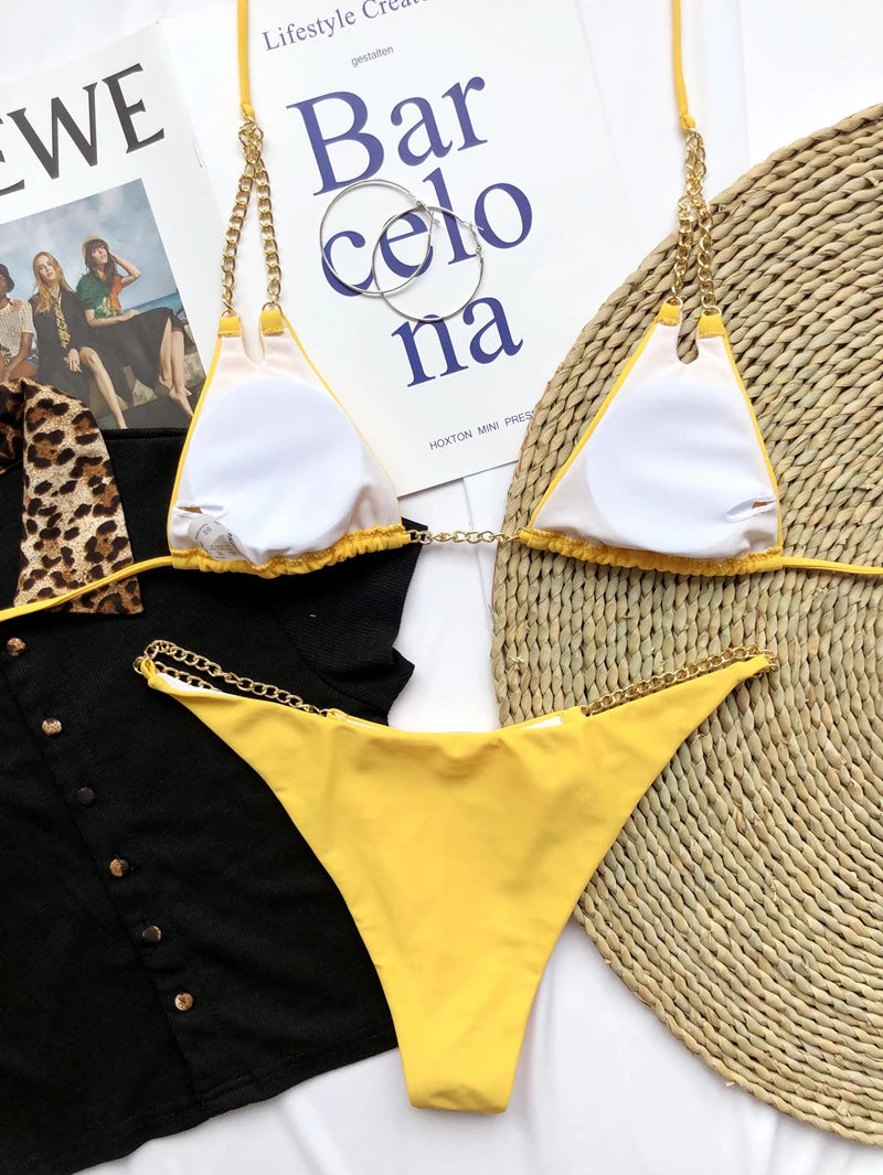 Sexy Mini Bikini Tie Dye Swimwear Women Metal Chain Patchwork Bathing suit Triangle Bikinis 2023 New Swimsuit Brazilian biquinis