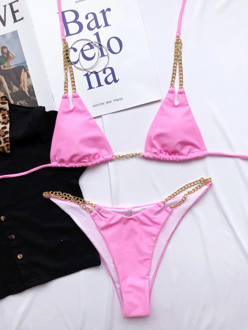 Sexy Mini Bikini Tie Dye Swimwear Women Metal Chain Patchwork Bathing suit Triangle Bikinis 2023 New Swimsuit Brazilian biquinis