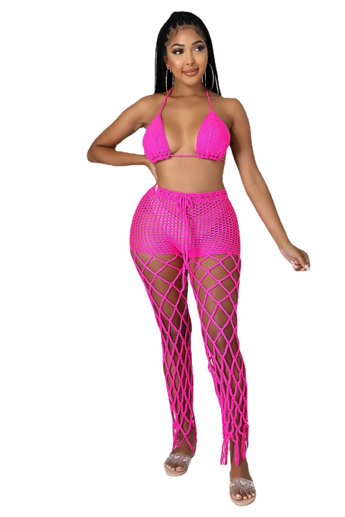 Hot Sale Crochet Fishnet Bikini Set Hollow Out Sexy 2 Piece Set Women Sexy Lace up Bra Knitted Pants Beach Two Piece Set