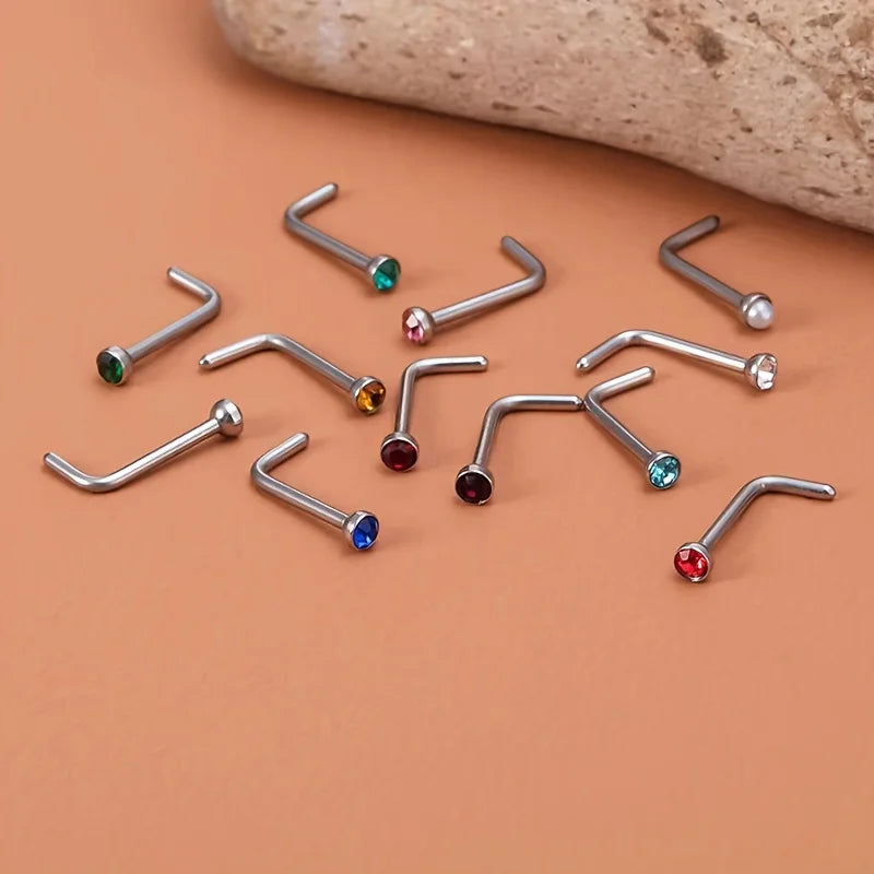 12pcs Stainless Steel L-shaped Rhinestones Nose Ring, Body Piercing Jewelry Nose Nail