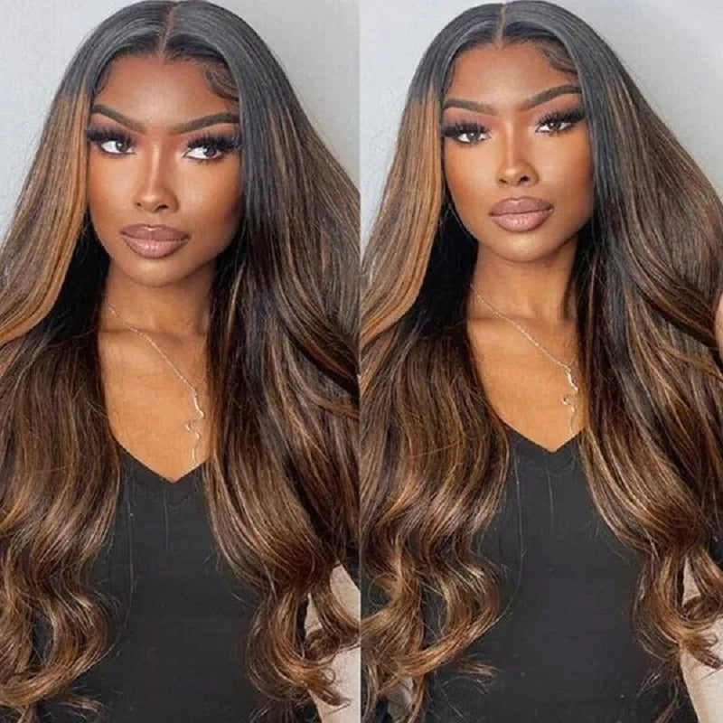 1B/30 Body Wave Ombre Lace Front Wig Human Hair 13x4 Transparent Highlight Lace Front Wig Human Hair Colored Brown Wig for Women