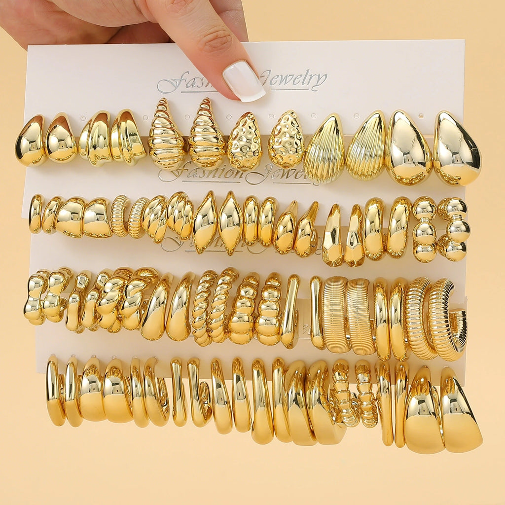 6 PAIRS-36 PAIRS Trendy Golden C-shaped, Water-droplet, Threaded Earring Set, With Innovative Design,Women's Daily Needs