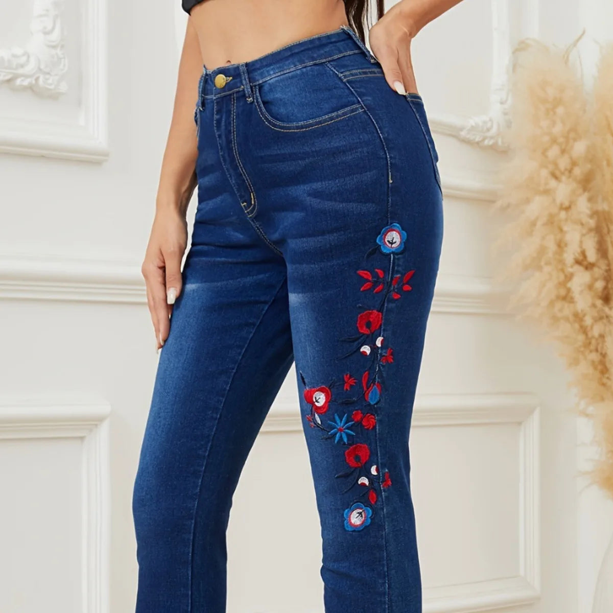 2023 Winter New Fashion Design Women's Embroidered Jeans High Elastic Slim Denim Pencil Pants Casual Ladies Trousers S-XL