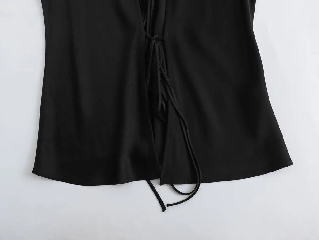 KONDALA Sexy Black Satin Bow Tie Shirts Women Long Sleeve V Neck Slim Blouses Fashion 2025 Autumn Elegant Silky Tops