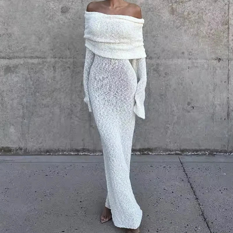 New Style Knitted One-Shoulder See-Through Beachwear Cover Up Women's Beach Vacation Sunscreen Dress Elegant Long Dress