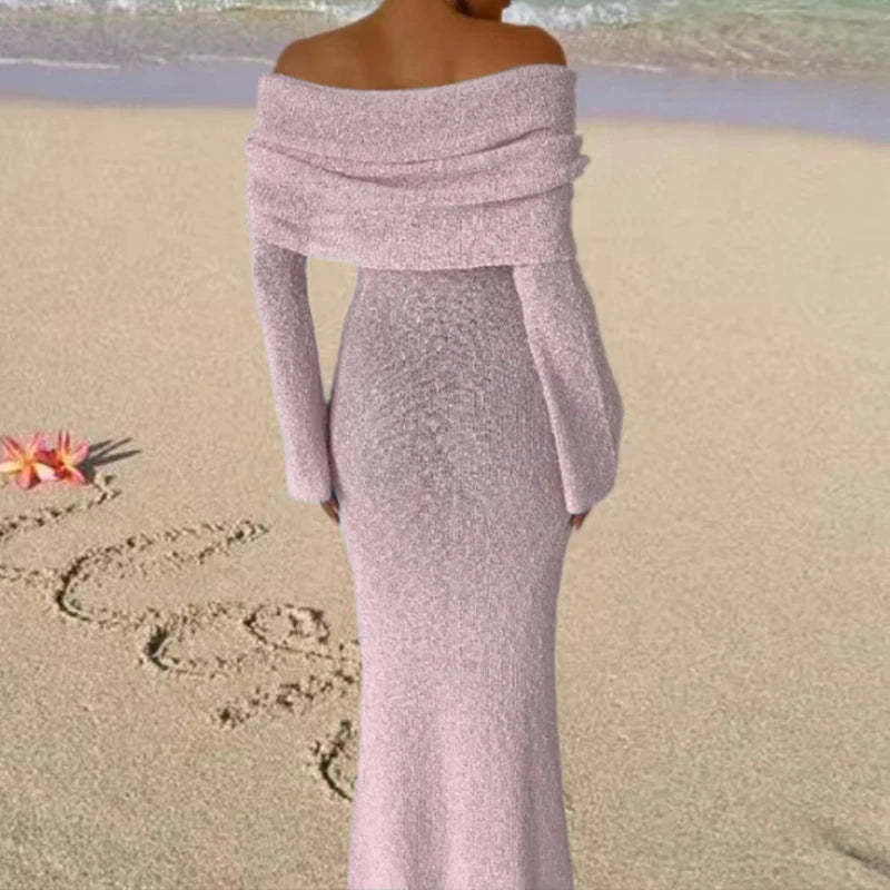 New Style Knitted One-Shoulder See-Through Beachwear Cover Up Women's Beach Vacation Sunscreen Dress Elegant Long Dress