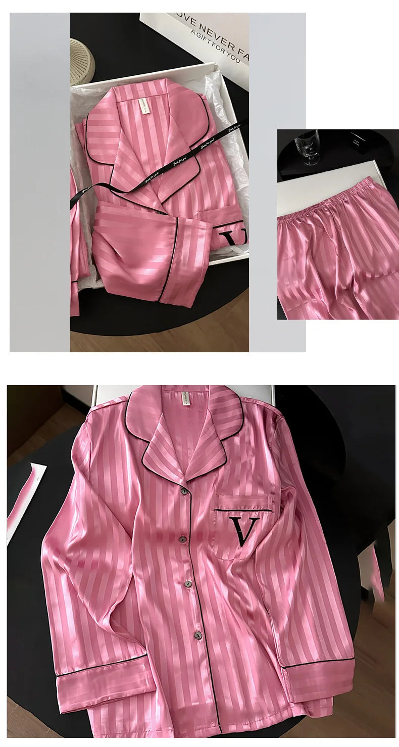New Female Pajamas 2PCS Set Lounge Wear Spring Long Sleeve Trouser Pijamas Suit Hot Pink Stripe Sleepwear Pyjama Loose Homewear