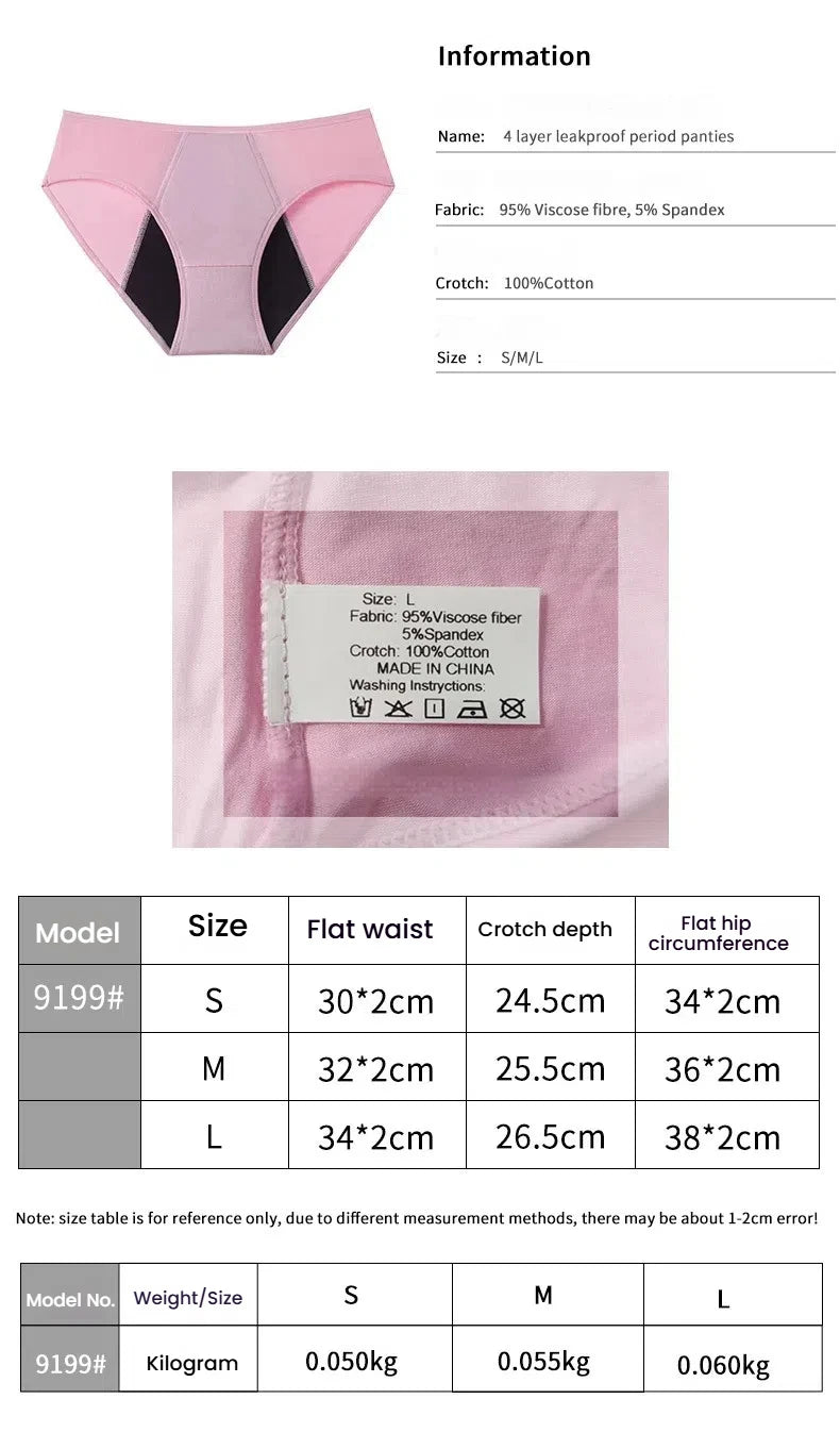 Women's Menstrual Panties Pink Girls' Physiological Hygiene Underwear 4 Layers Heavy Duty Absorbent Leak Proof Underwear