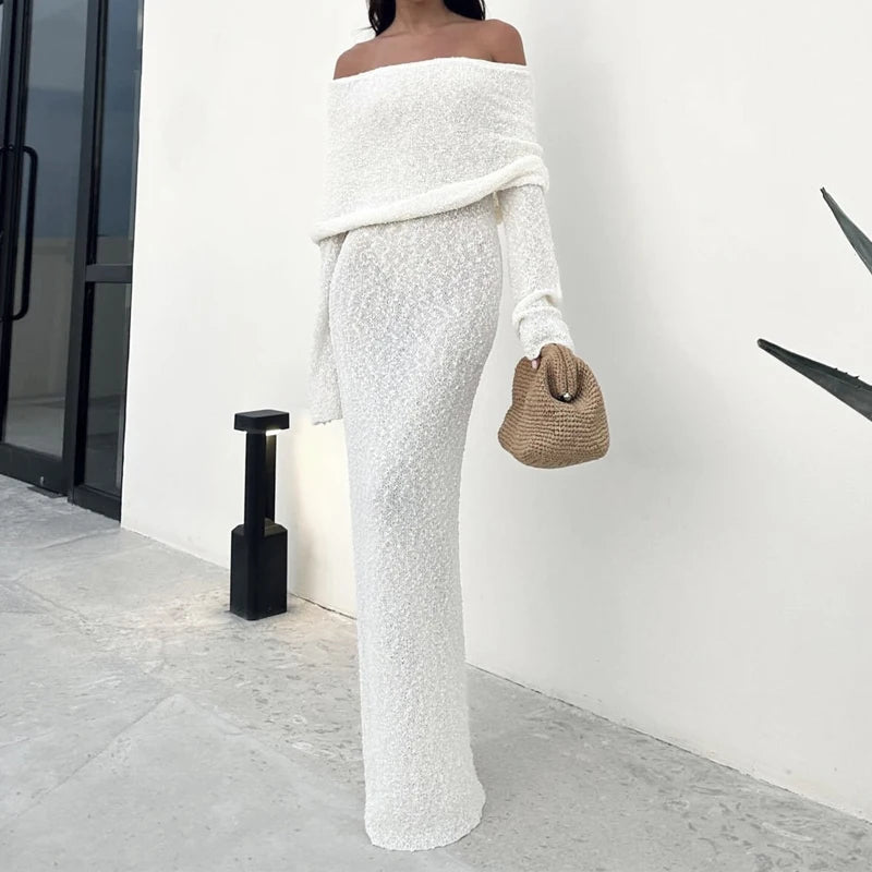 New Style Knitted One-Shoulder See-Through Beachwear Cover Up Women's Beach Vacation Sunscreen Dress Elegant Long Dress
