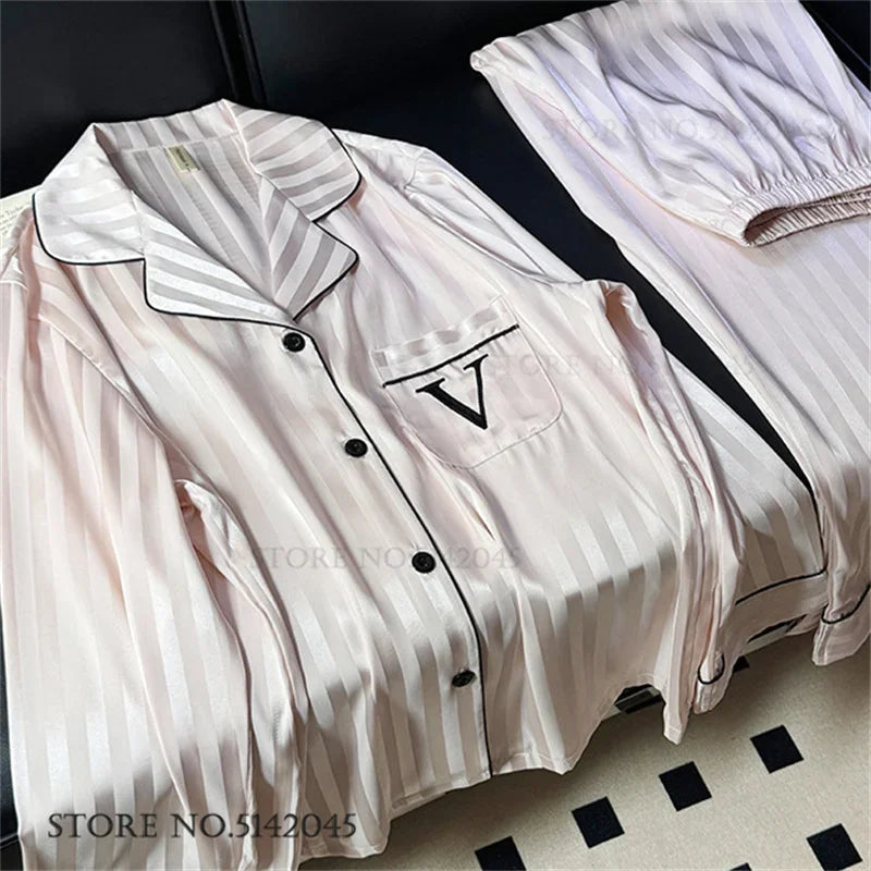 New Female Pajamas 2PCS Set Lounge Wear Spring Long Sleeve Trouser Pijamas Suit Hot Pink Stripe Sleepwear Pyjama Loose Homewear