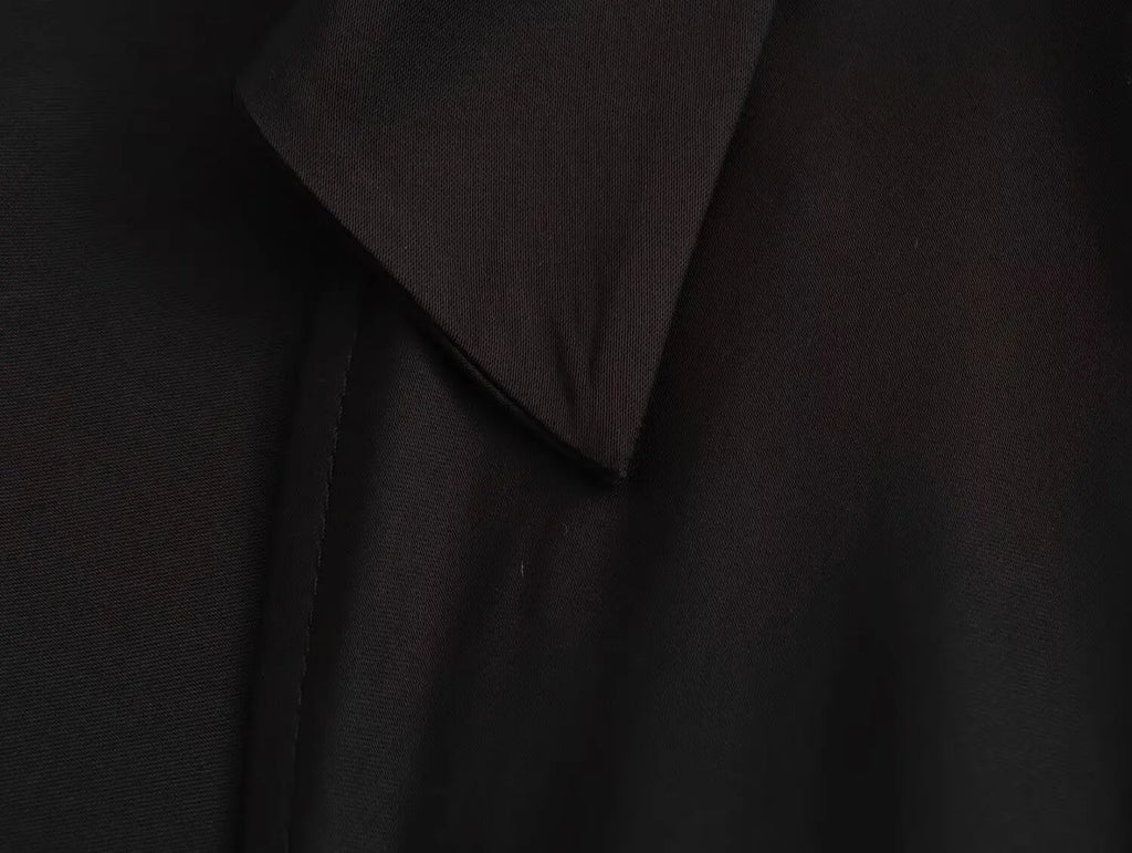 KONDALA Sexy Black Satin Bow Tie Shirts Women Long Sleeve V Neck Slim Blouses Fashion 2025 Autumn Elegant Silky Tops