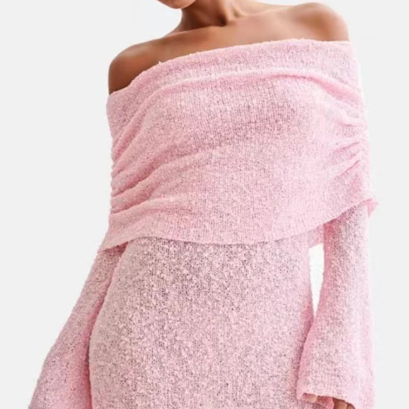 New Style Knitted One-Shoulder See-Through Beachwear Cover Up Women's Beach Vacation Sunscreen Dress Elegant Long Dress