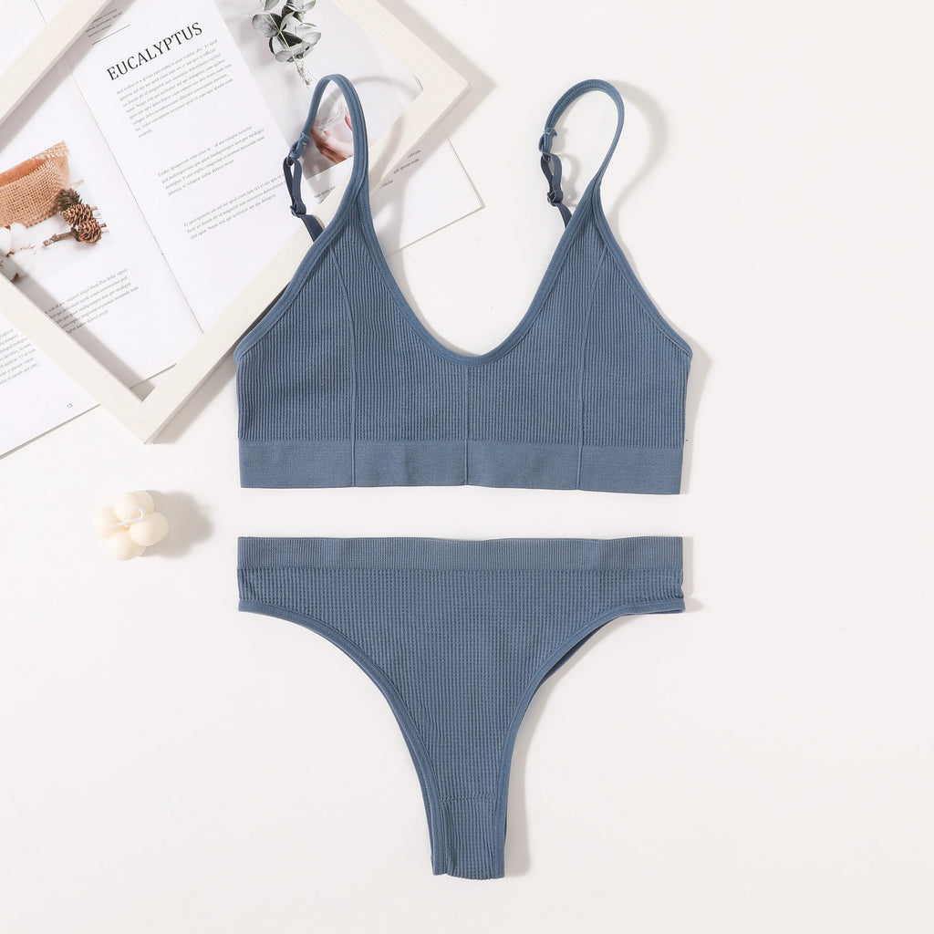 Women Seamless Bra Set Push Up Bras V-neck Tops High Rise Briefs Seamless Underwear Wire Free Brassiere Sexy Lingerie Set