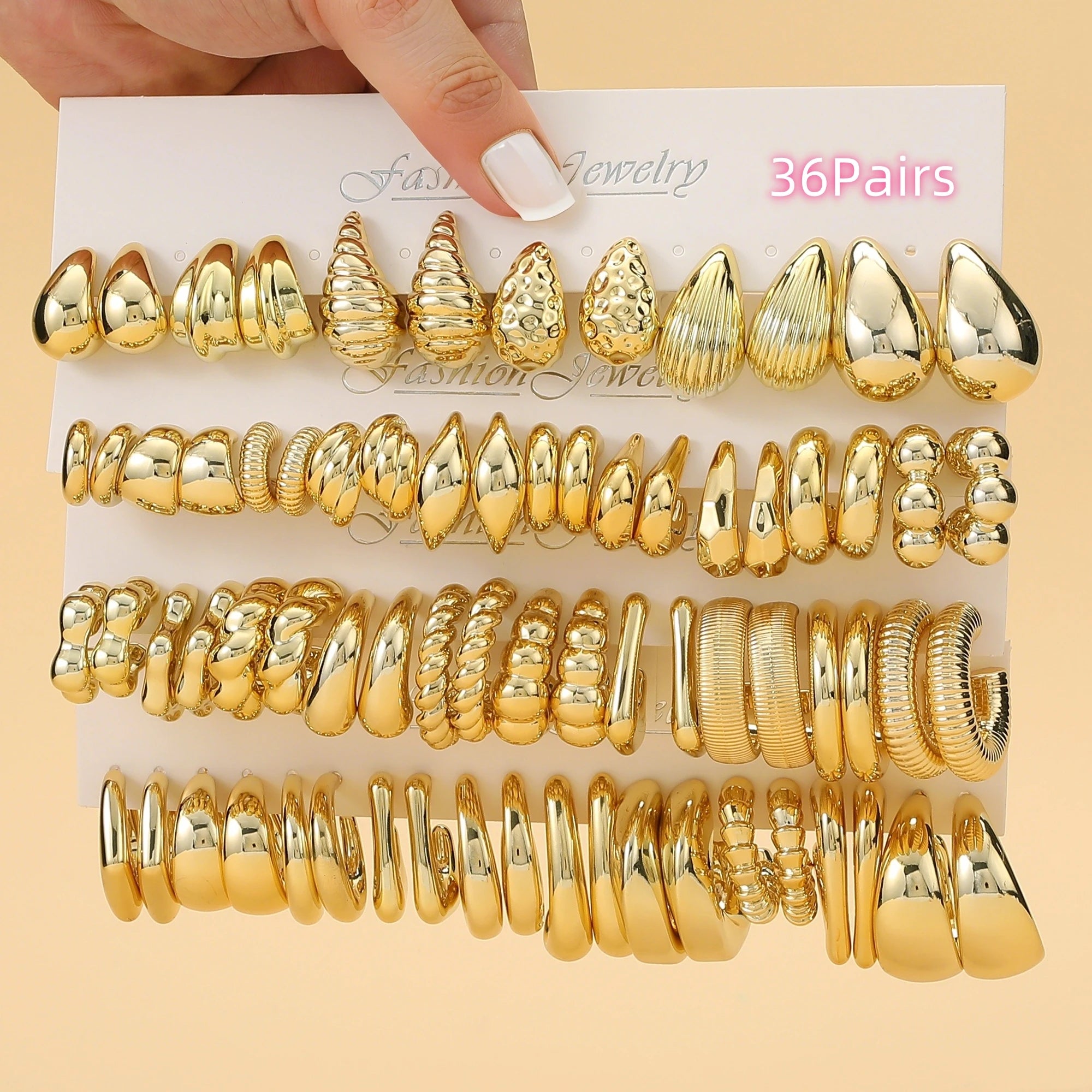 6 PAIRS-36 PAIRS Trendy Golden C-shaped, Water-droplet, Threaded Earring Set, With Innovative Design,Women's Daily Needs