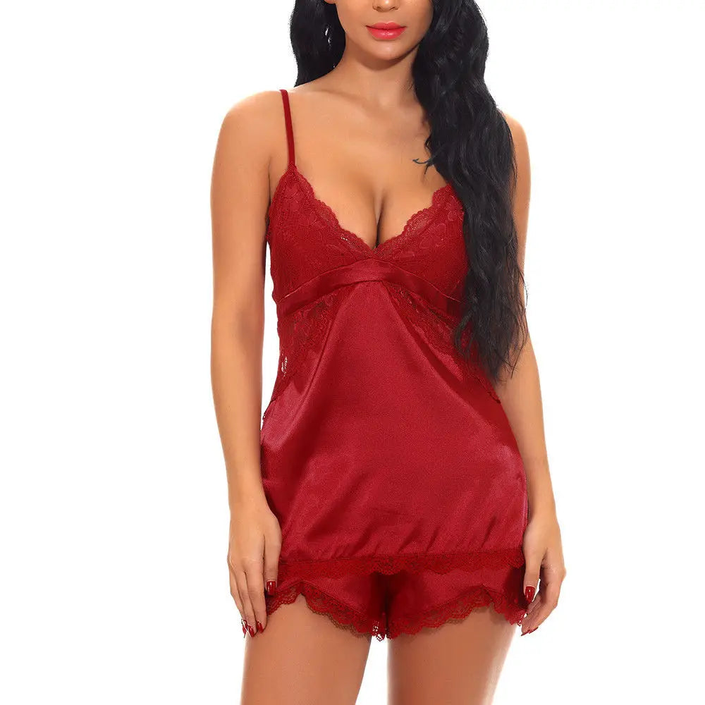 Erotic Lace Lingerie Pajamas Sexy Ladies Satin Silk Babydoll V-Neck Women's Pajamas Exotic Sexy Dresses hot erotic nightdress US