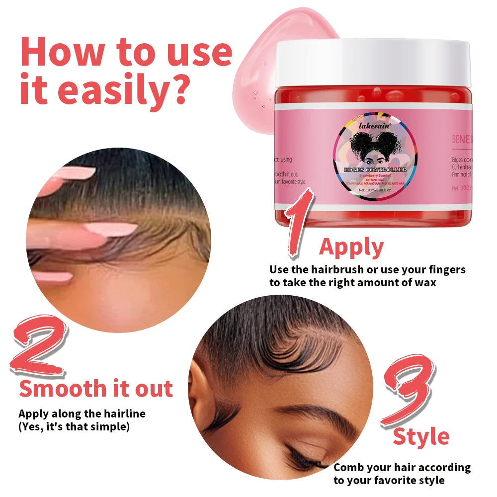 Lakerain Strong Styling Hair Gel Long Lasting Control Edge Gel Smoothes Nourishes Hair Curl Enhancement Strong Hold Hair Gel
