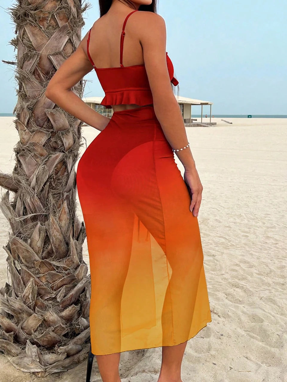 3 Pieces Tie Dye Knot Front Bikinis 2026 Women Ruffle Swimwear Female High Waist Swimsuit & Drawstring Beach Skirt Bathing Suit