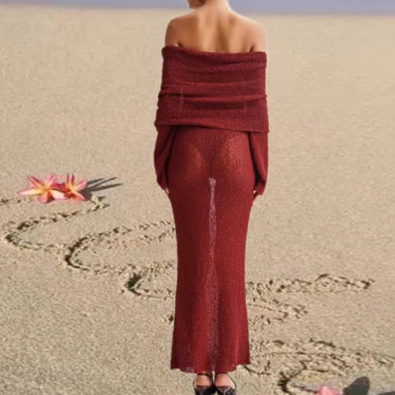 New Style Knitted One-Shoulder See-Through Beachwear Cover Up Women's Beach Vacation Sunscreen Dress Elegant Long Dress