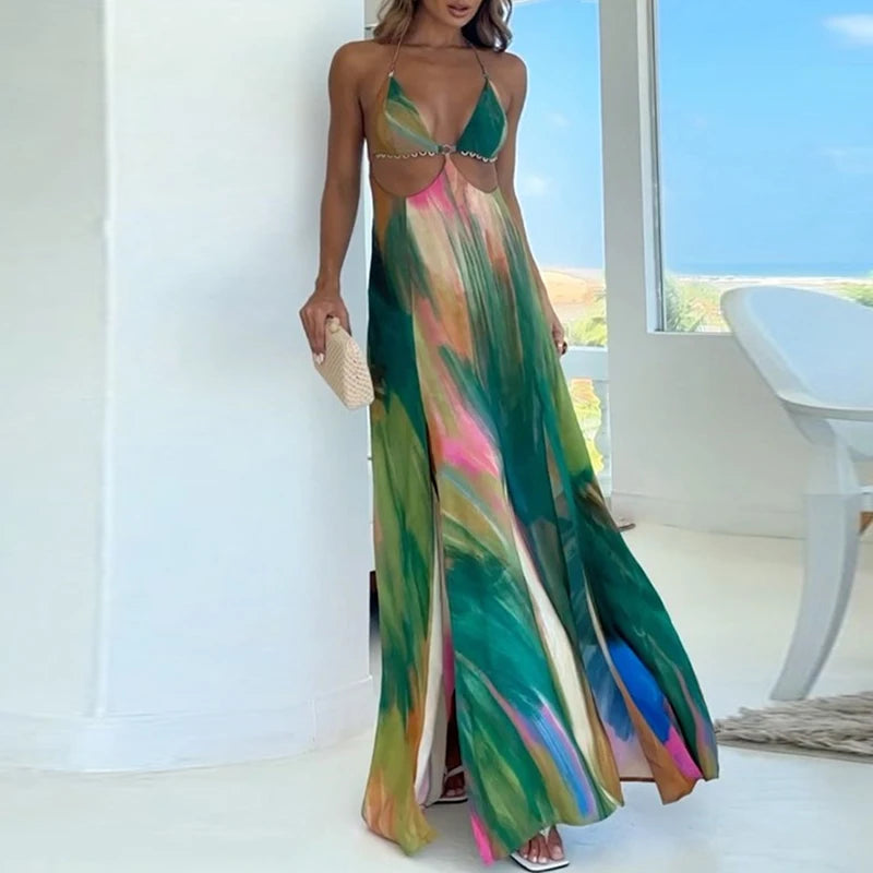 Woman 2025 Fashion Colorful Print Long Dresses Spring Sexy Halter High-waisted Party Dress Summer Backless Tie-up Bohemian Dress