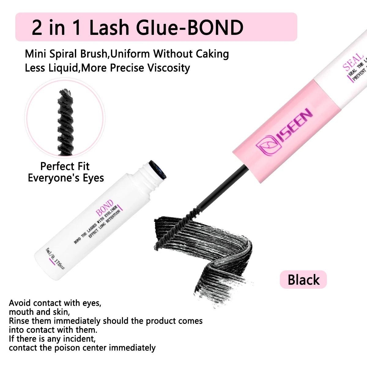 Lash Bond and Seal Waterproof 2 in 1 Eyelash Glue for Eyelash Clusters Adhesive Black Long-Lasting (5ml+5ml)