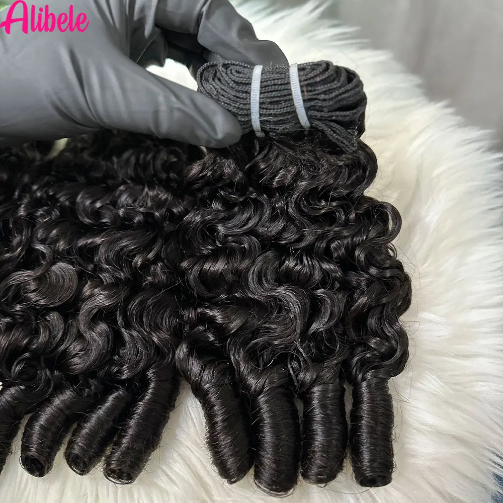 Alibele Hair 12A Grade Burmese Pixie Curly Human Hair Bundles Extension Remy Hair Weave Bundles Wholesale 1/3/4 Bundles Deal #1B