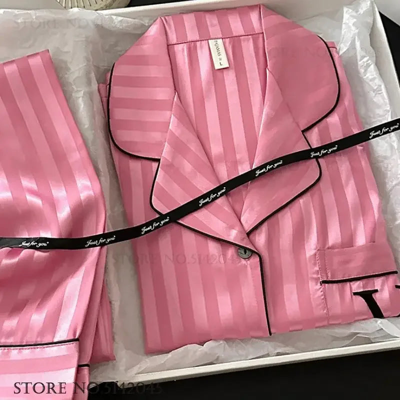 New Female Pajamas 2PCS Set Lounge Wear Spring Long Sleeve Trouser Pijamas Suit Hot Pink Stripe Sleepwear Pyjama Loose Homewear