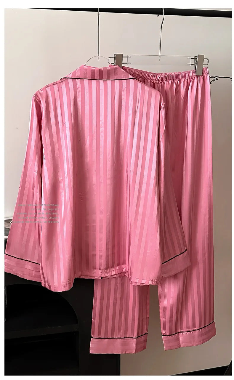 New Female Pajamas 2PCS Set Lounge Wear Spring Long Sleeve Trouser Pijamas Suit Hot Pink Stripe Sleepwear Pyjama Loose Homewear