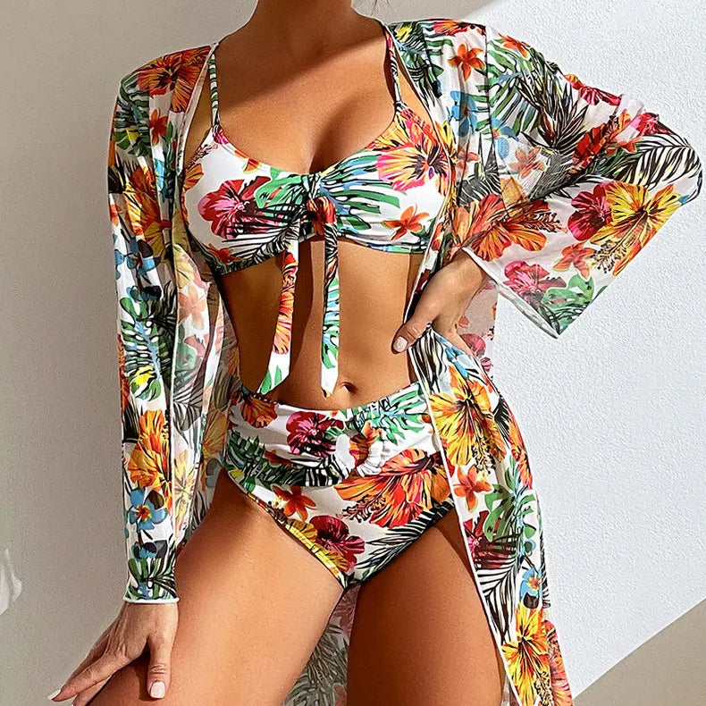 Split Three Piece Floral Printed Swimsuit Women Bikini Set Wireless Bra with Pad Sport Top Long sleeve Blouse Swimwear Plus Size