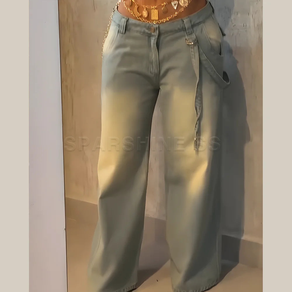 Jeans for Women Straight Pants Vintage Denims Washed Mid Waist Loose Fit Wide Leg Denim Long Pants 2025 Streetwear