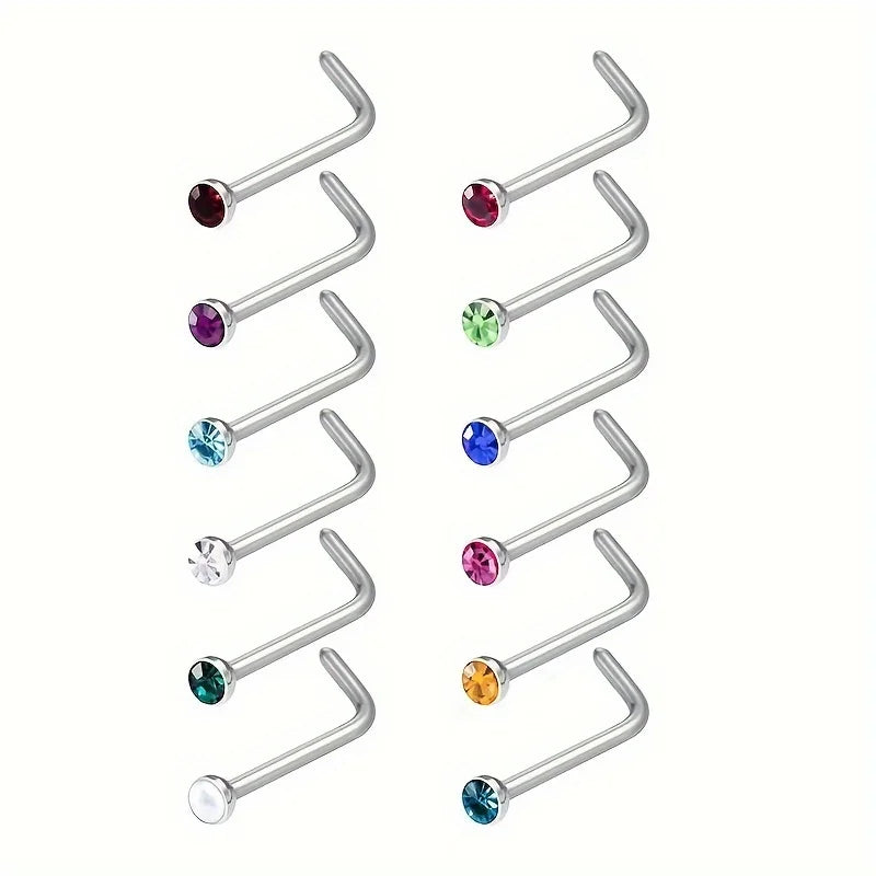 12pcs Stainless Steel L-shaped Rhinestones Nose Ring, Body Piercing Jewelry Nose Nail