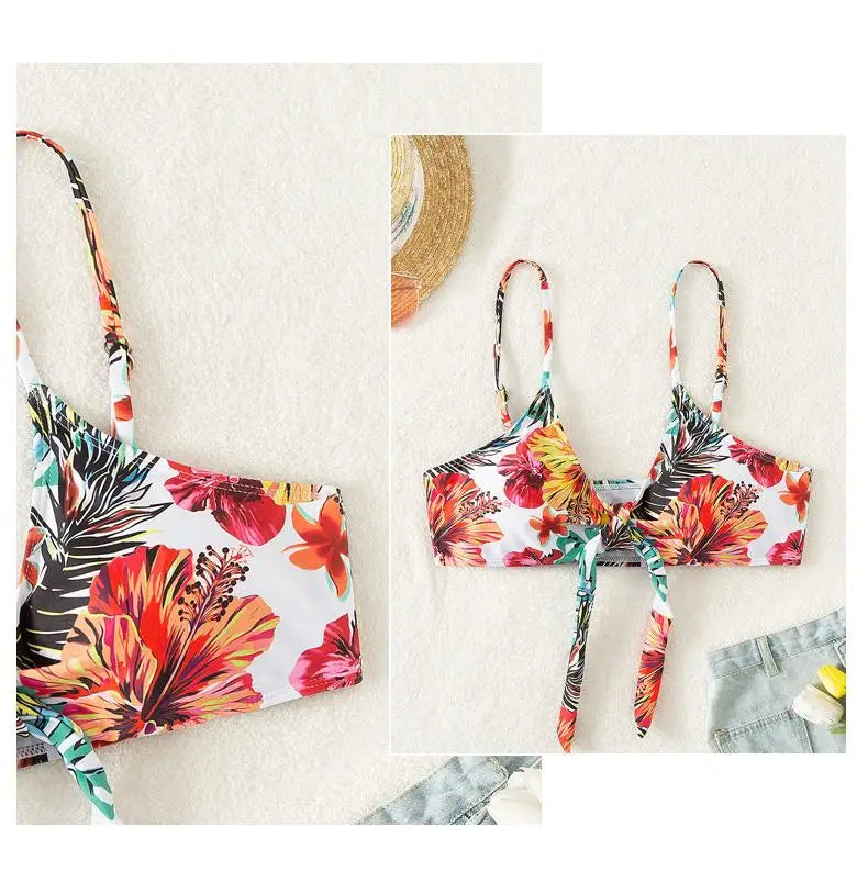 Split Three Piece Floral Printed Swimsuit Women Bikini Set Wireless Bra with Pad Sport Top Long sleeve Blouse Swimwear Plus Size