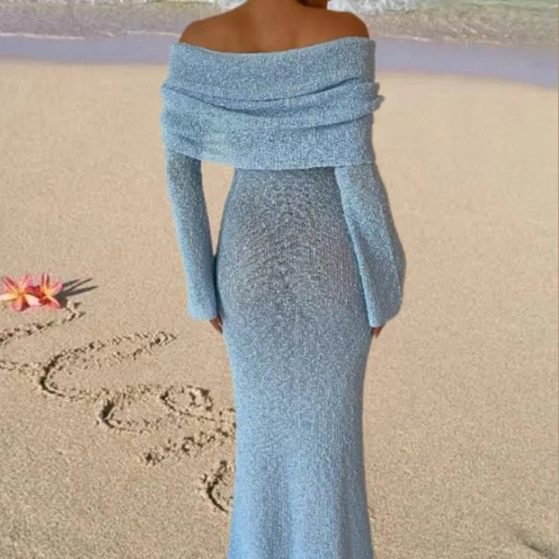 New Style Knitted One-Shoulder See-Through Beachwear Cover Up Women's Beach Vacation Sunscreen Dress Elegant Long Dress
