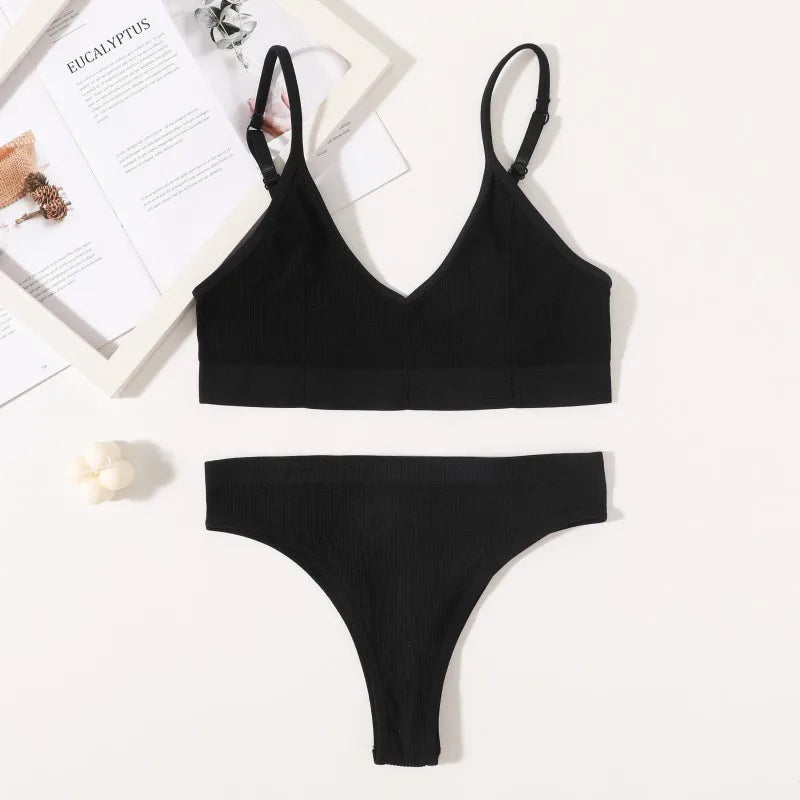Women Seamless Bra Set Push Up Bras V-neck Tops High Rise Briefs Seamless Underwear Wire Free Brassiere Sexy Lingerie Set