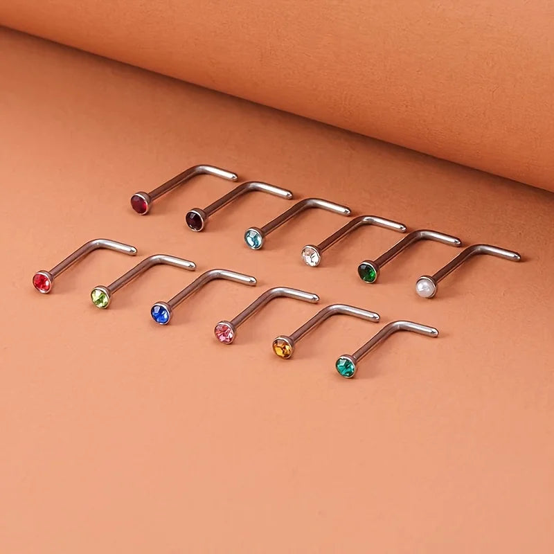 12pcs Stainless Steel L-shaped Rhinestones Nose Ring, Body Piercing Jewelry Nose Nail