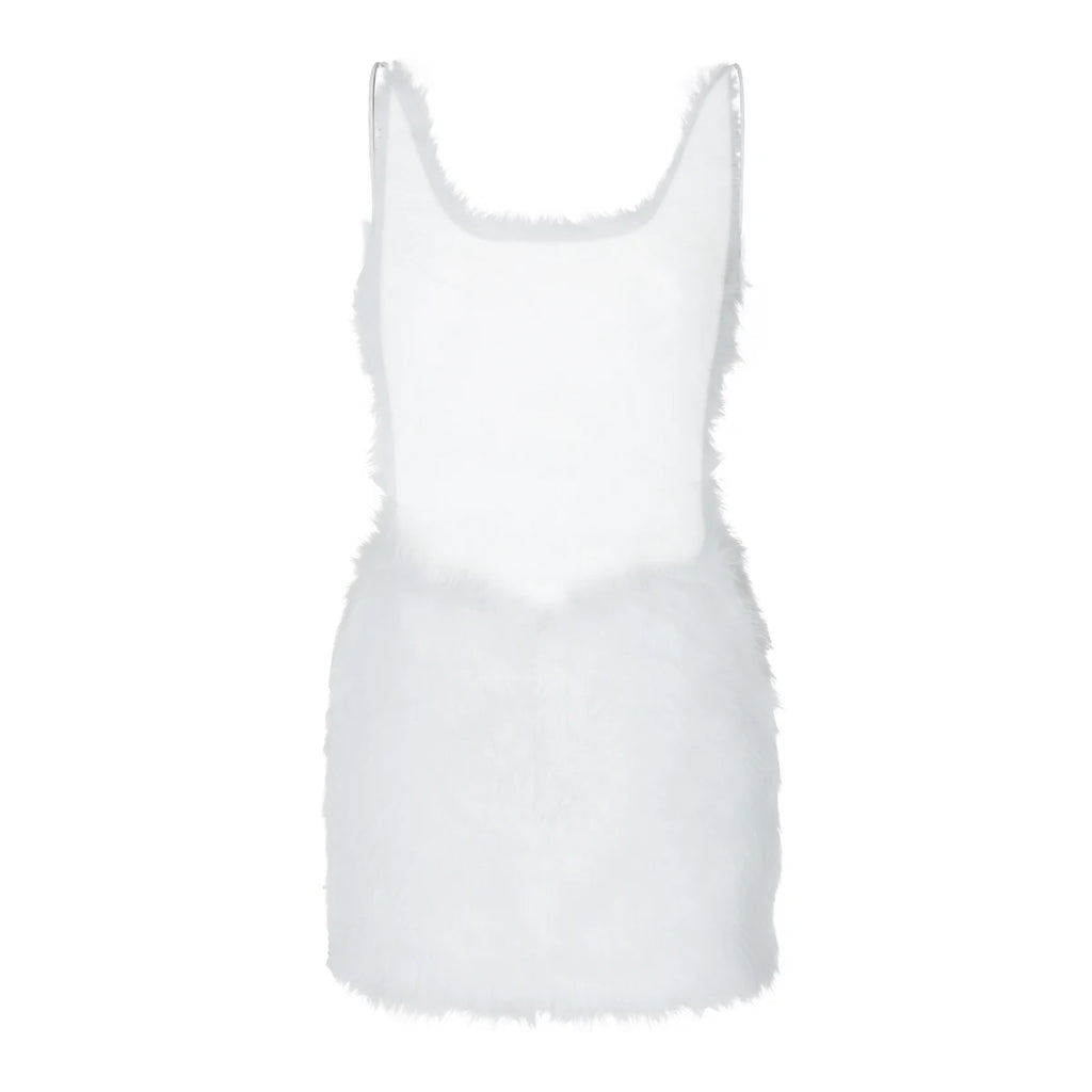 Hugcitar 2025 White Furry Slips Backless Zip Up Sexy Slim Mini Dress Fall Winter Women Fashion Clothes Birthday Party Festival