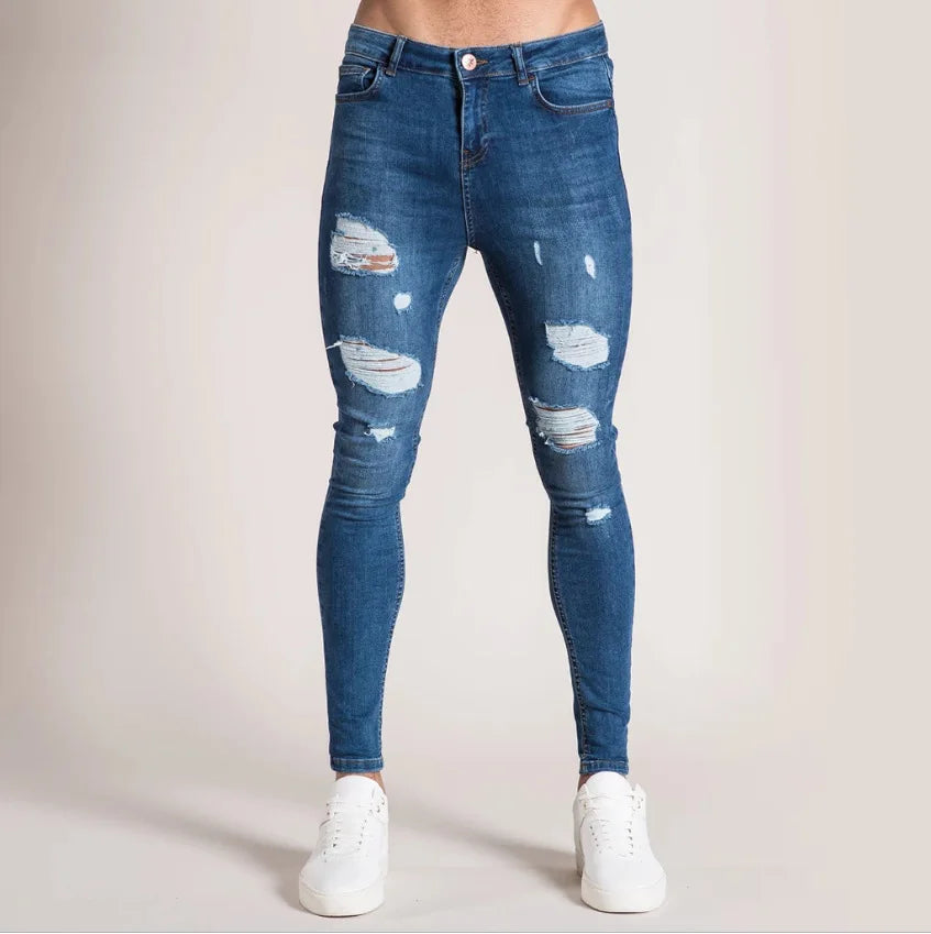 2023 White Embroidery Skinny Ripped Jeans Men Cotton Stretchy Slim Fit Hip Hop Denim Pants Casual Jeans for Men Jogging Trousers