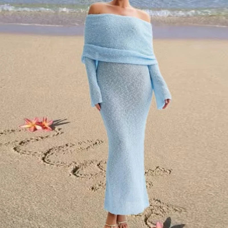 New Style Knitted One-Shoulder See-Through Beachwear Cover Up Women's Beach Vacation Sunscreen Dress Elegant Long Dress