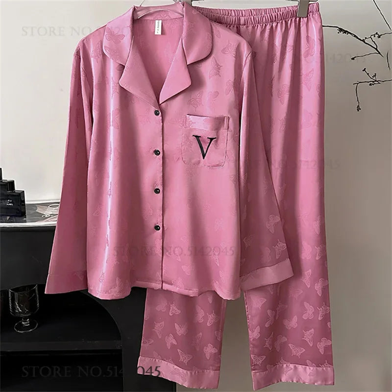 New Female Pajamas 2PCS Set Lounge Wear Spring Long Sleeve Trouser Pijamas Suit Hot Pink Stripe Sleepwear Pyjama Loose Homewear