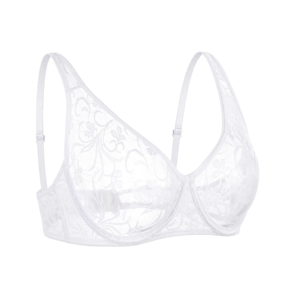 Bras For Women Plus Size Lace Mesh BH Tops Underwire Embroidery See Through Sexy Underwear Lingerie Brassiere A B C D DD Cup