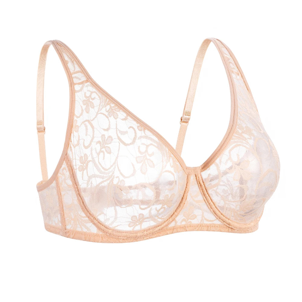 Bras For Women Plus Size Lace Mesh BH Tops Underwire Embroidery See Through Sexy Underwear Lingerie Brassiere A B C D DD Cup