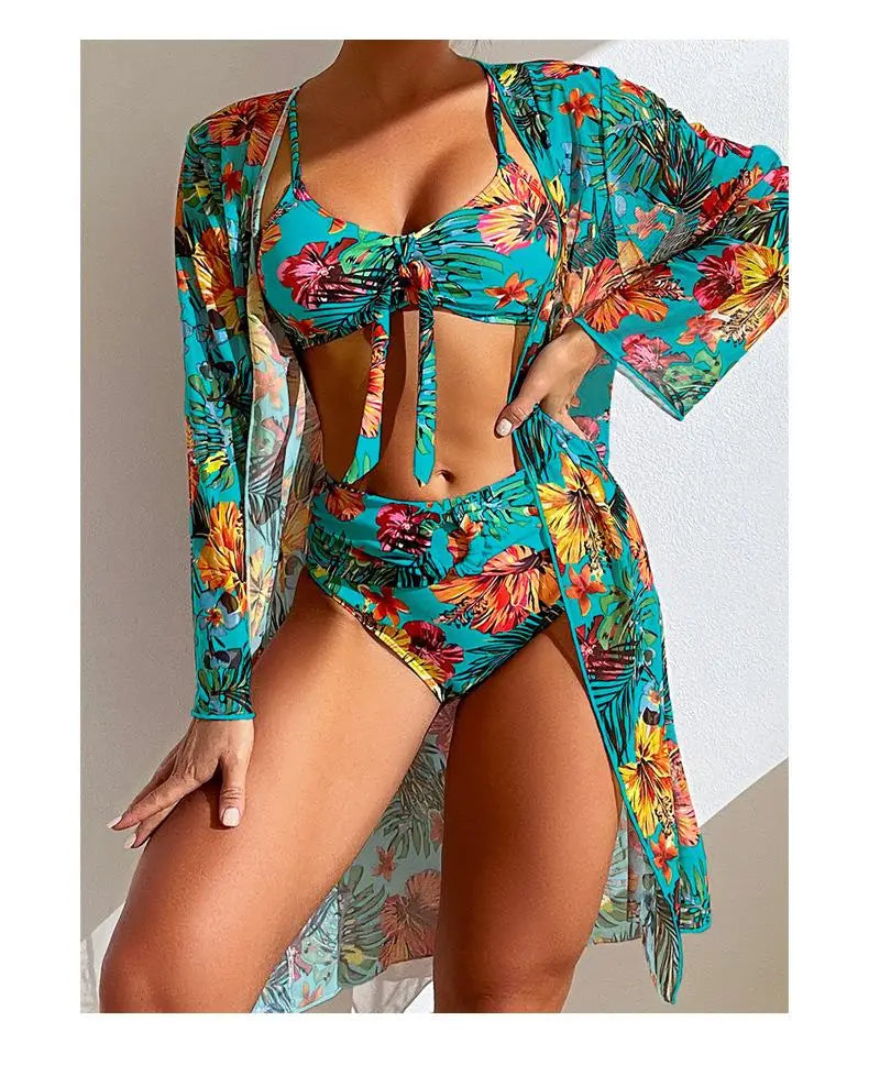 Split Three Piece Floral Printed Swimsuit Women Bikini Set Wireless Bra with Pad Sport Top Long sleeve Blouse Swimwear Plus Size
