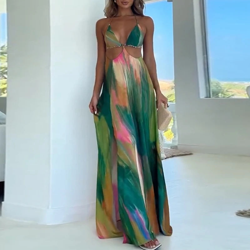 Woman 2025 Fashion Colorful Print Long Dresses Spring Sexy Halter High-waisted Party Dress Summer Backless Tie-up Bohemian Dress