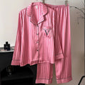 New Female Pajamas 2PCS Set Lounge Wear Spring Long Sleeve Trouser Pijamas Suit Hot Pink Stripe Sleepwear Pyjama Loose Homewear