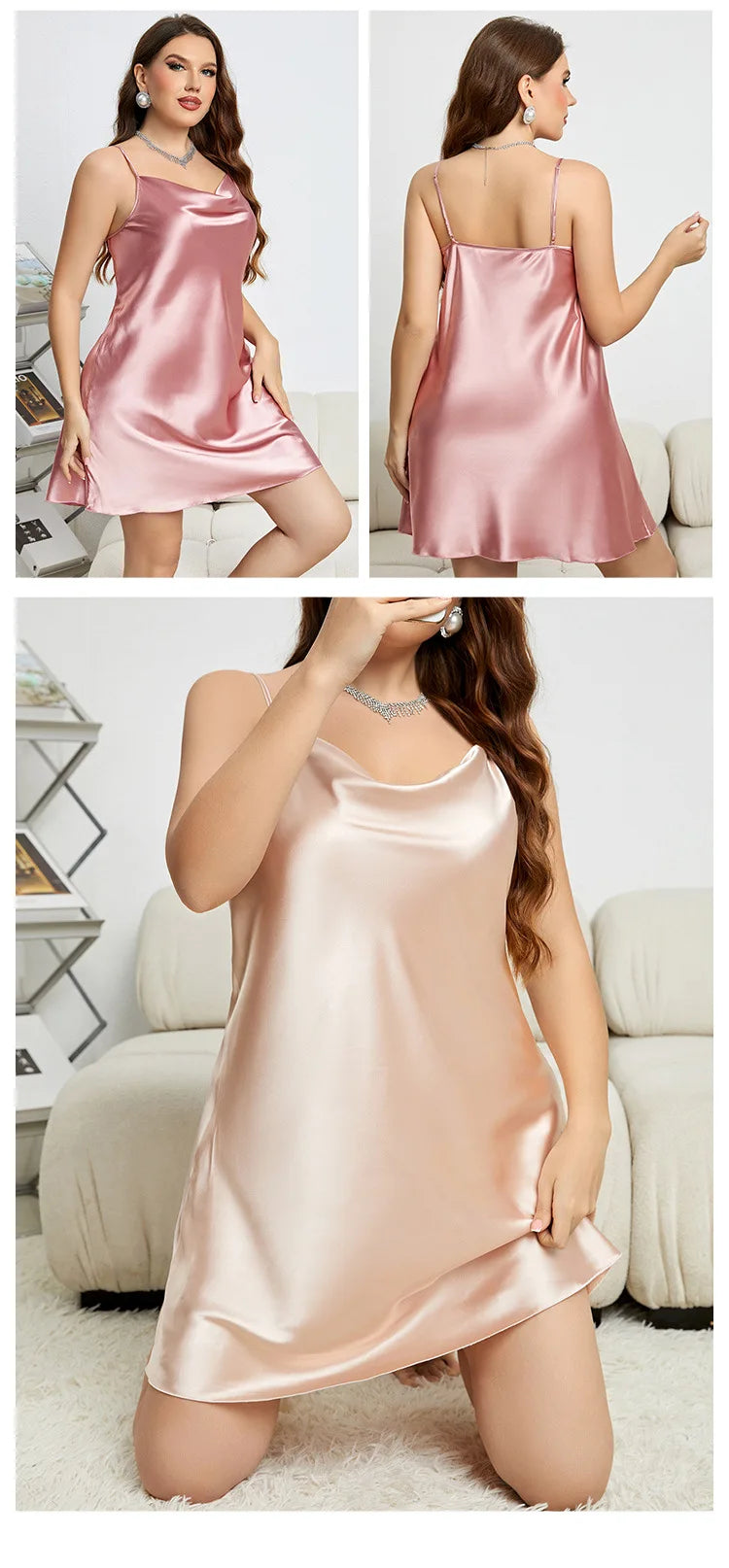 Sexy Solid Color Plus Size Sleepwear for Women Fashion Silk-like Suspender Nightgown Leisure Home Clothes Spring Summer Pajamas