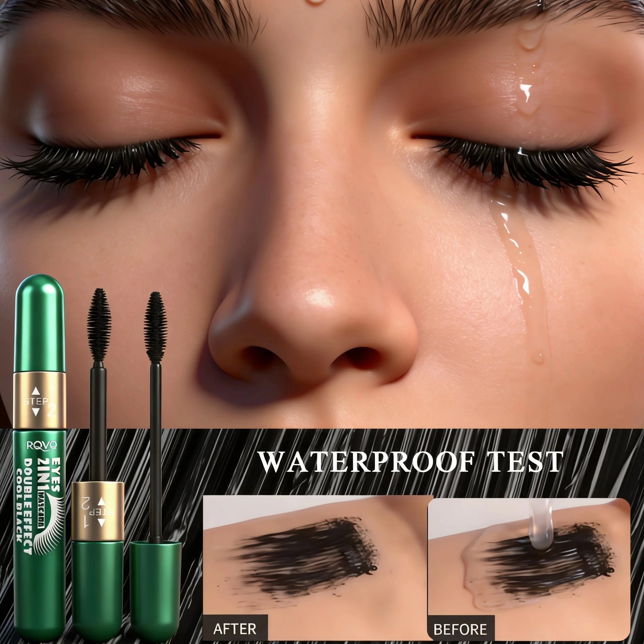 2-in-1 waterproof mascara, anti-smudging, non-greasy, long-lasting, curling mascara